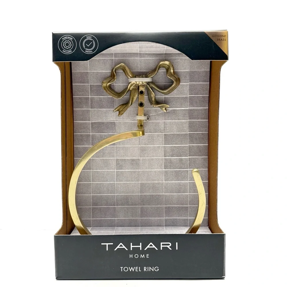 TAHARI Home Brass Ribbon Bow Bathroom Towel Ring Rack NEW